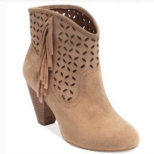 Perforated Suede Fringe Heel Bootie 8.5 Leather
